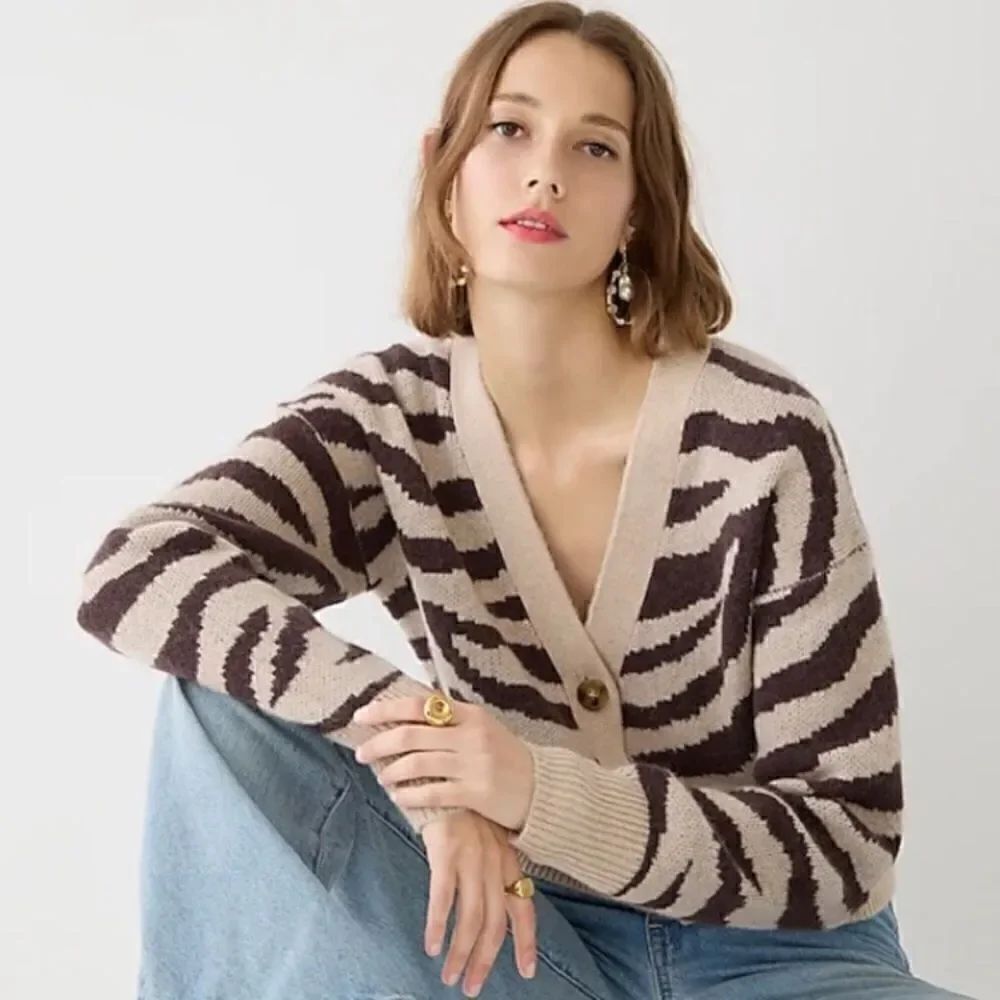 J Crew V-Neck Cardigan in Zebra Stripe